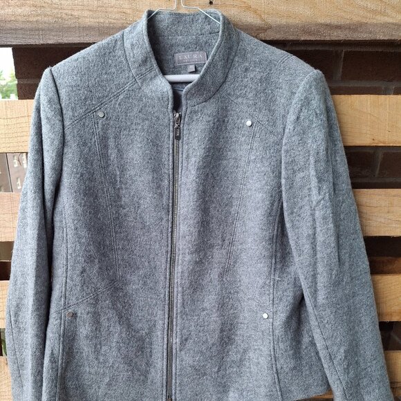 Laura Petites Grey Zip-Front Stand Collar Blazer - Women's Size 16 - Chic & Vers - Picture 1 of 3